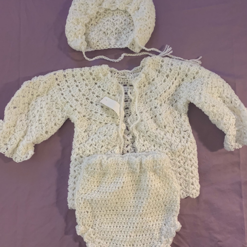 Hand Crocheted Baby Sweater/Diaper Cover/Bonnet